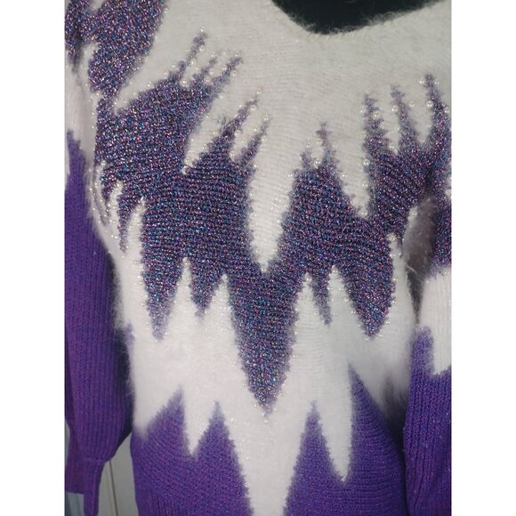 Vintage 80s Hollywood Luxury Purple Metallic White Angora Pearls Sweater M - Picture 15 of 16